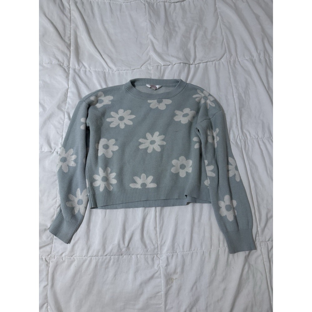 No Boundaries Sweater Kids Medium Sage Green Daisy Floral Knit Crewneck Pullover